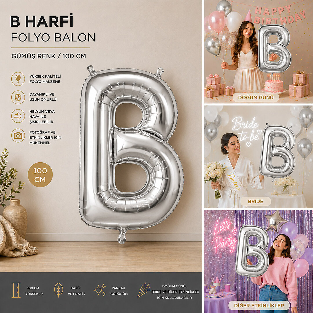 B Harfi Folyo Balon Gümüş Rengi (100 cm) - 2