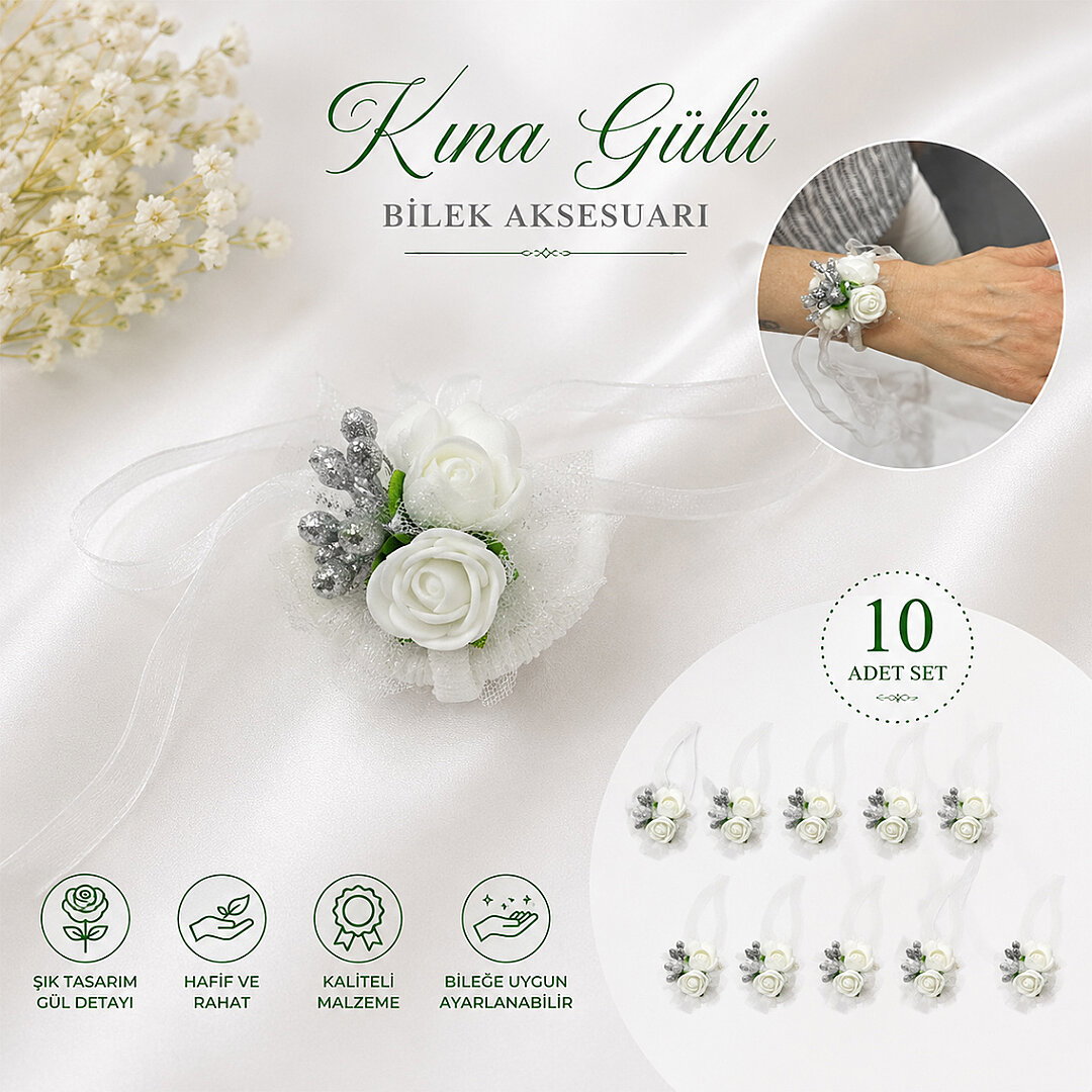 Beyaz Güllü Kına Bilekliği - Kına Gecesi Nedime El Gülü Aksesuarı - Beysüs (1)