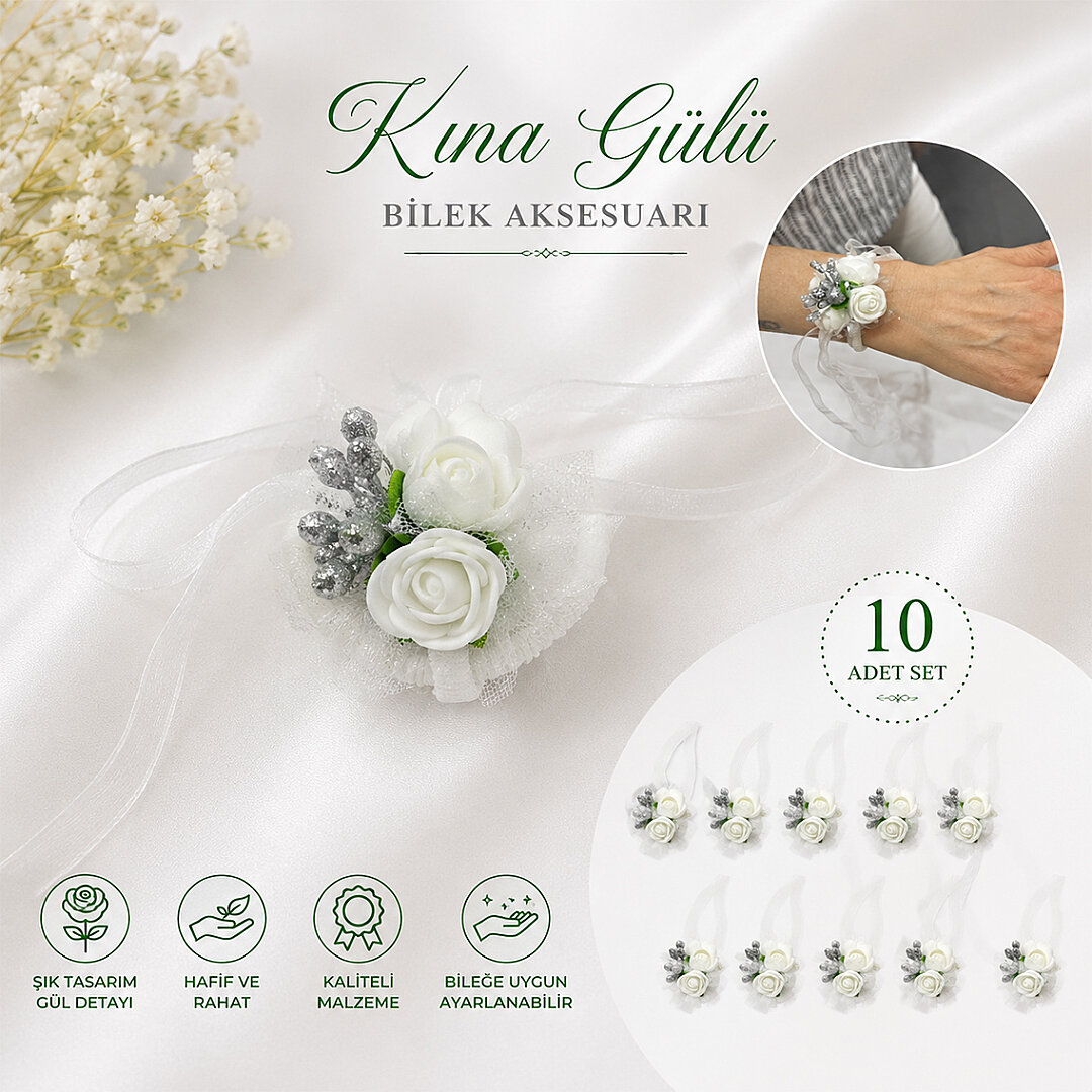 Beyaz Güllü Kına Bilekliği - Kına Gecesi Nedime El Gülü Aksesuarı - 2