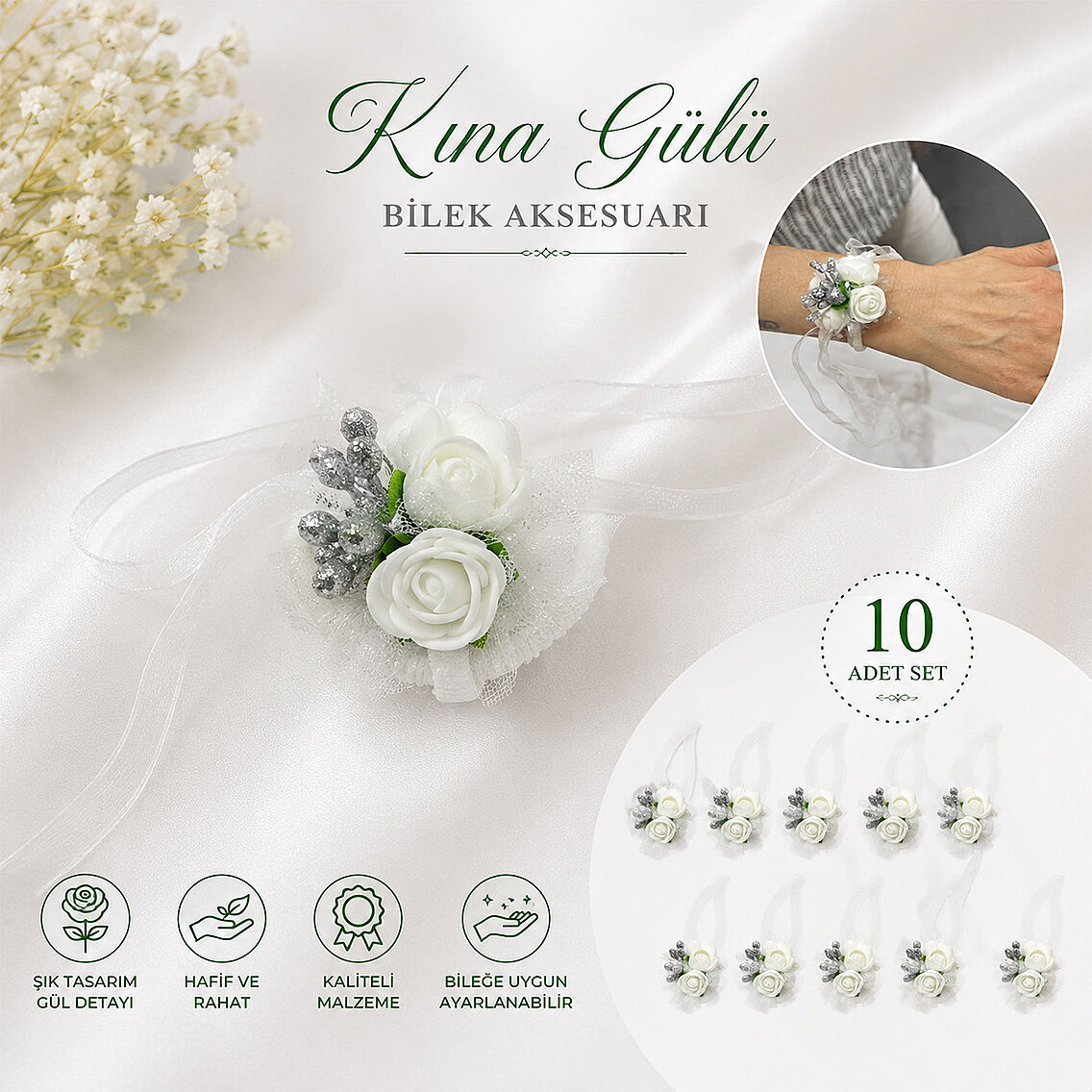 Beyaz Güllü Kına Bilekliği - Kına Gecesi Nedime El Gülü Aksesuarı - 2