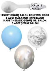 Beysüs 15 li Gümüş Konfetili 5 Şeffaf Balon 5 Makaron Mavi 5 Metalik Gri Balon Seti - Beysüs (1)