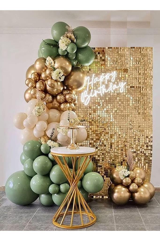 Beysüs 30 Küf Yeşili 15 Krom Gold 15 Deniz Kumu Pastel Ten Rengi Doğum Günü Ve Nişan Balon Zinciri Set - Beysüs