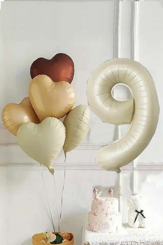 Beysüs 9 Yaş Retro Doğum Günü Balon Seti 5 Adet Kalp Balon - Beysüs