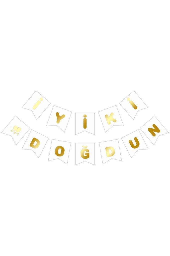 Beysüs Beyaz Üstüne Gold Altın Yaldızlı İyiki Doğdun Yazılı Karton İpli Yazı Banner - Beysüs