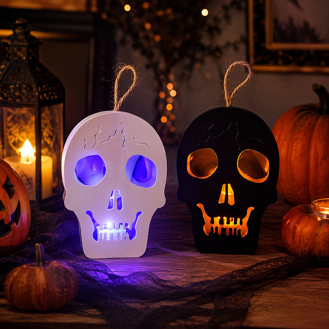 Cadılar Bayramı Halloween Işıklı Kuru Kafa Masa Süsü Çift Taraflı Siyah Beyaz - Beysüs
