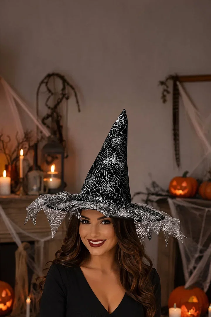 Halloween Cadı Şapkası Gümüş Tüllü - Beysüs