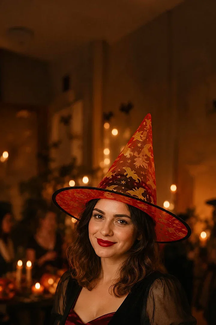 Halloween Cadılar Bayramı Cadı Şapkası Kırmızı Gold Şeffaf Tüllü - Beysüs