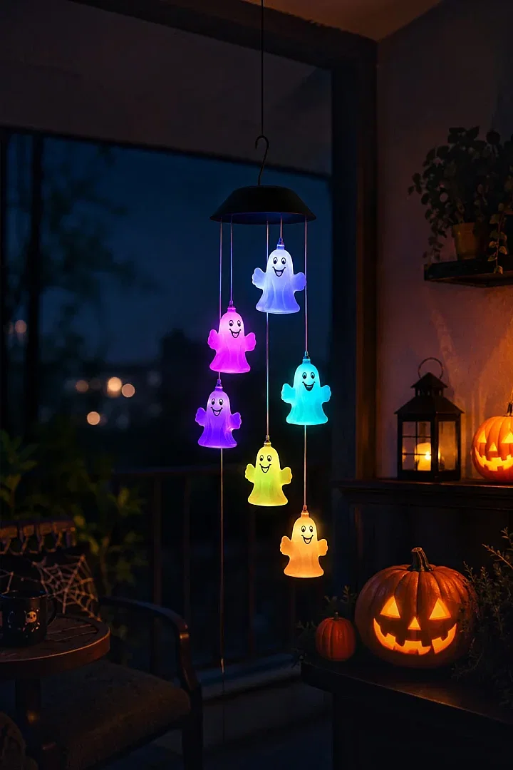 Halloween Cadılar Bayramı Güneş Enerjili Renkli LED Işıklı Asma HAYALET Dekor 6’lı - Beysüs