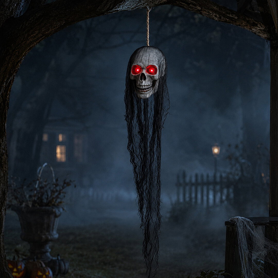 Halloween Cadılar Bayramı Işıklı Kafatası Tüllü Asma Dekor - Beysüs