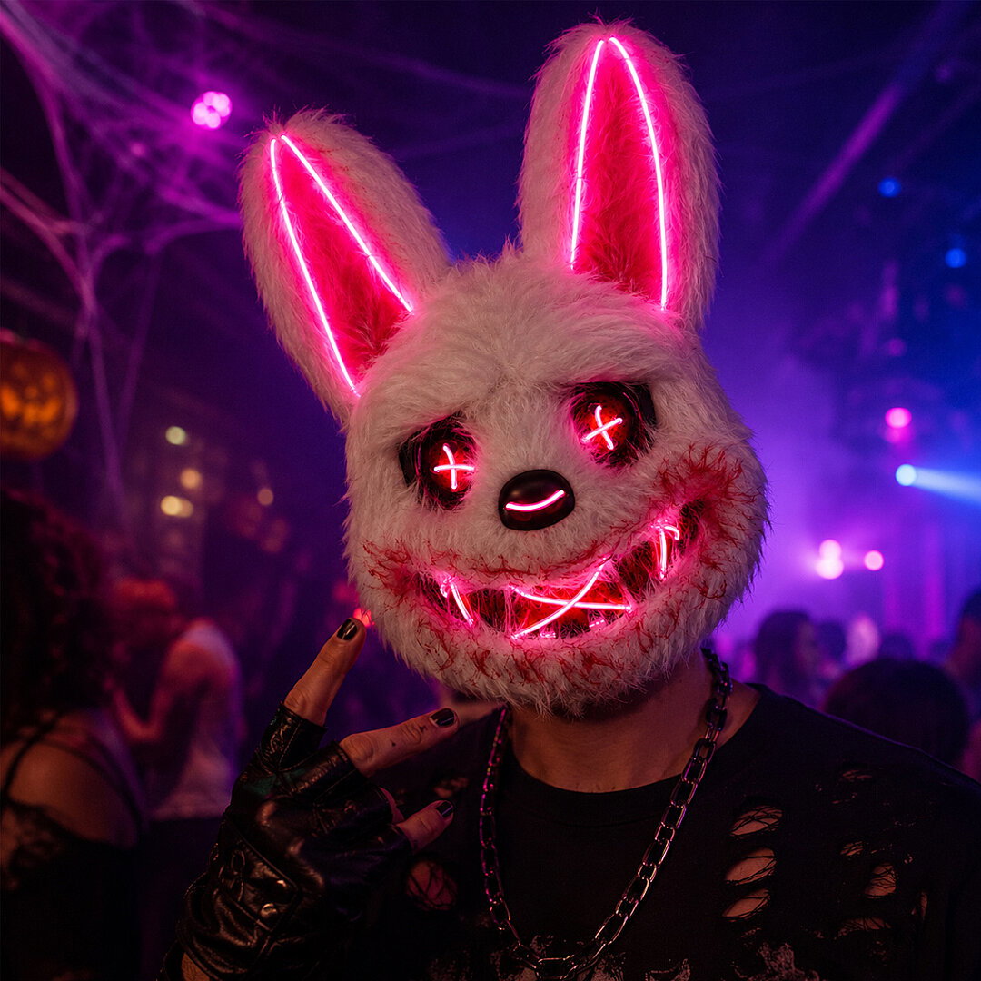 Halloween Cadılar Bayramı LED Işıklı Korkunç Tavşan Maske Beyaz Pembe - Beysüs