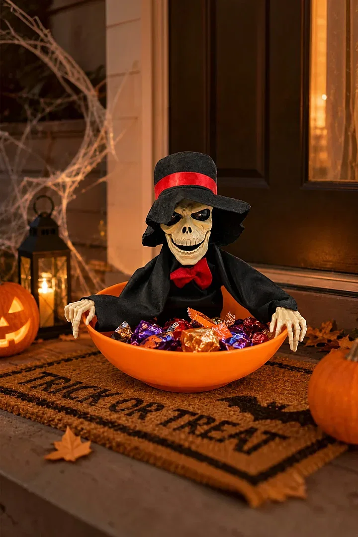 Halloween Cadılar Bayramı Şeker Kovası Hareket Sensörlü Kuru Kafa - Beysüs