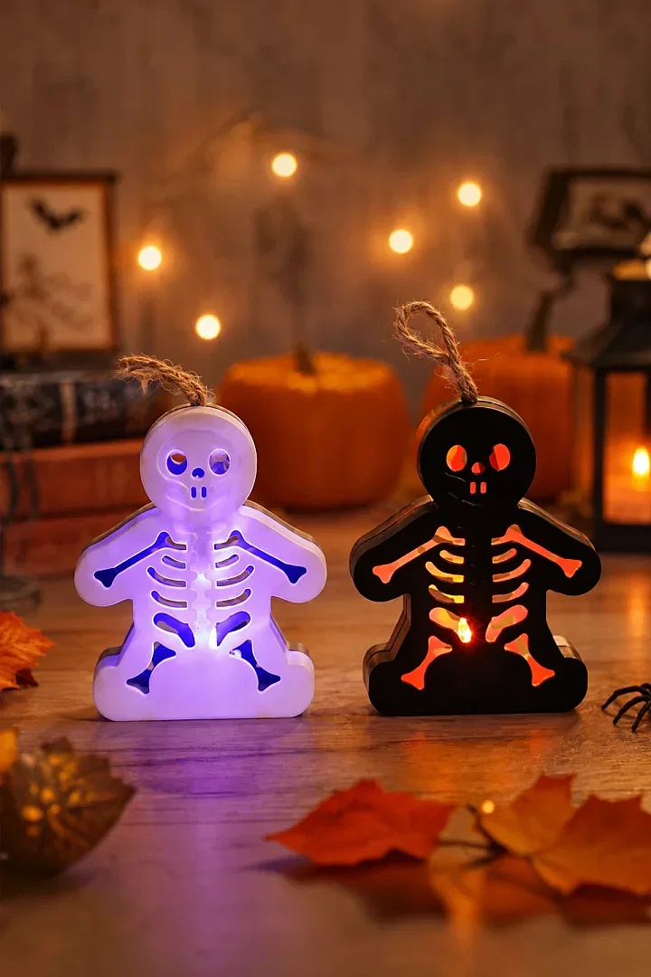 Halloween Işıklı Masa Süsü İskelet Çift Taraflı Siyah Beyaz - Beysüs