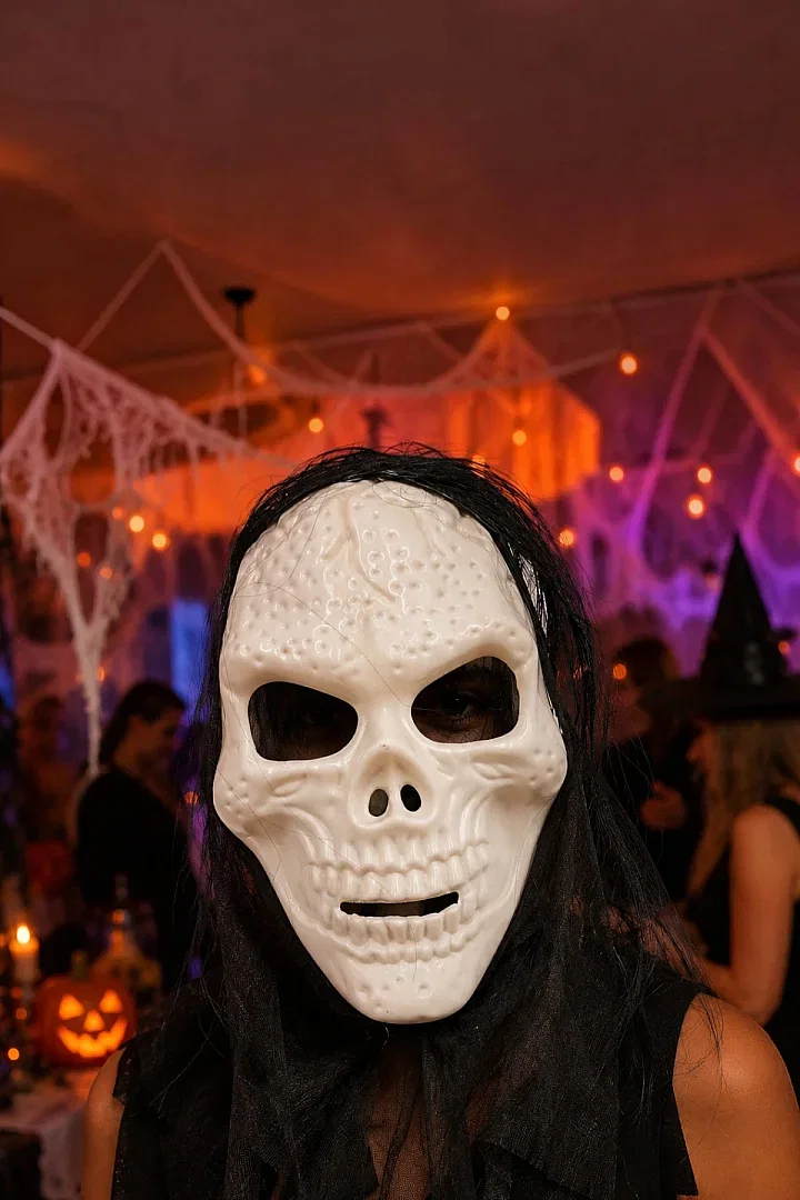 Halloween Maske İskelet Kuru Kafa Tüllü Siyah Beyaz - Beysüs