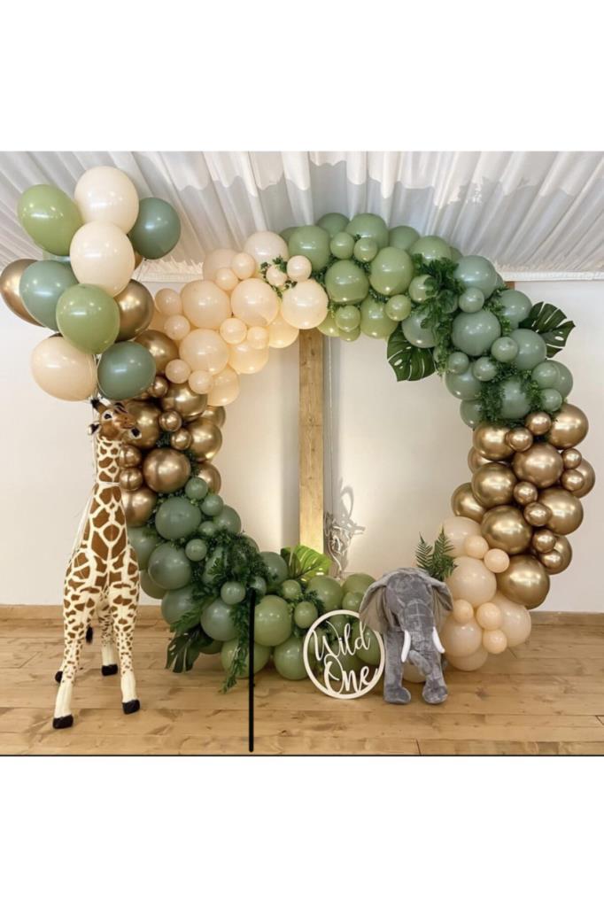 Beysüs Krom Gold Pastel Kış Yeşili Okaliptus Ve Ten Rengi Balon Zinciri 100 Adet - Beysüs