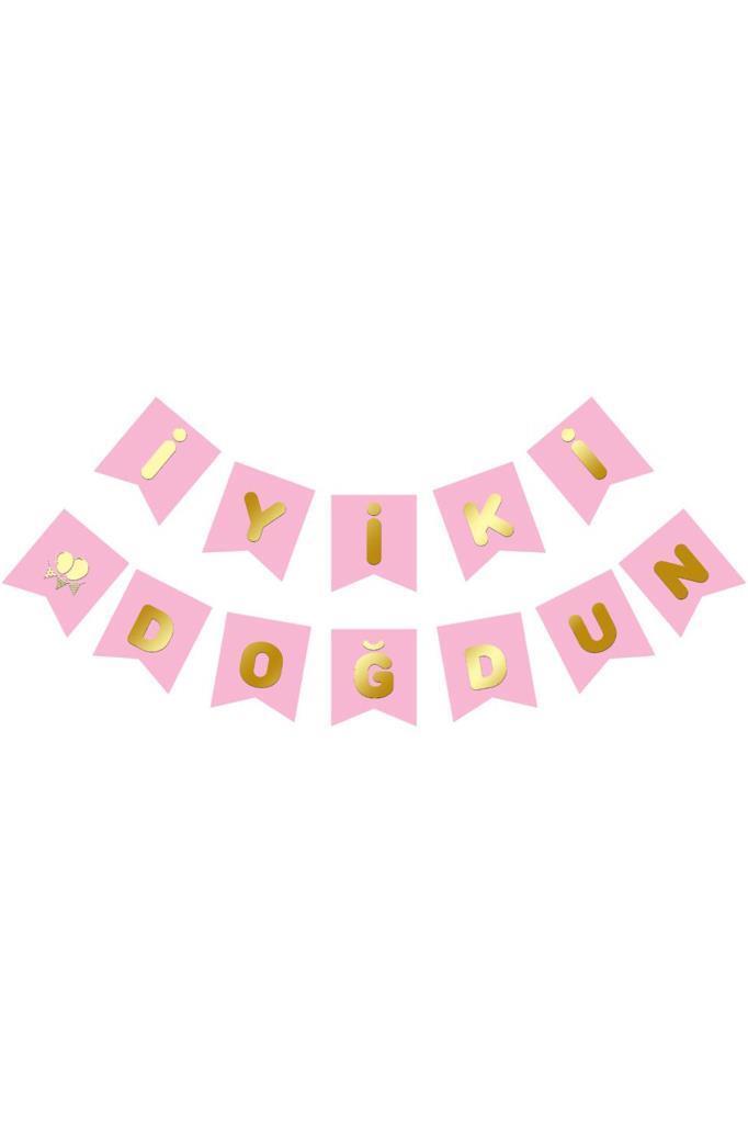 Beysüs Pembe Üstüne Gold Altın Yaldızlı İyiki Doğdun Yazılı Karton İpli Yazı Banner - Beysüs