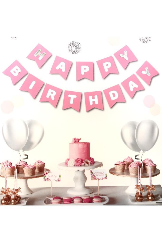 Beysüs Pembe Üstüne Gümüş Gri Yaldızlı Happy Birthday Yazılı Doğum Günü Partisi Karton Ipli Yazı Banner - Beysüs