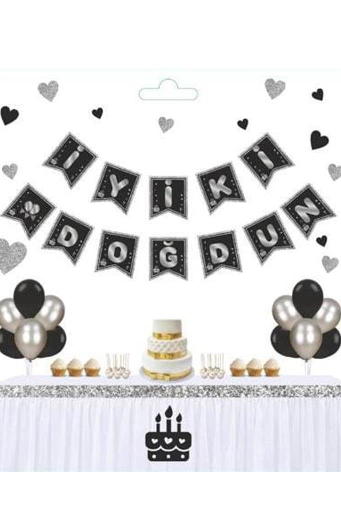 Beysüs Siyah Üstüne Gümüş Gri Yaldızlı İyiki Doğdun Yazılı Karton İpli Yazı Banner - Beysüs