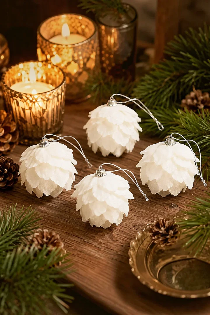 Yılbaşı Çam Ağacı Süsü Çiçek Beyaz 4 Lü 6 cm - Beysüs