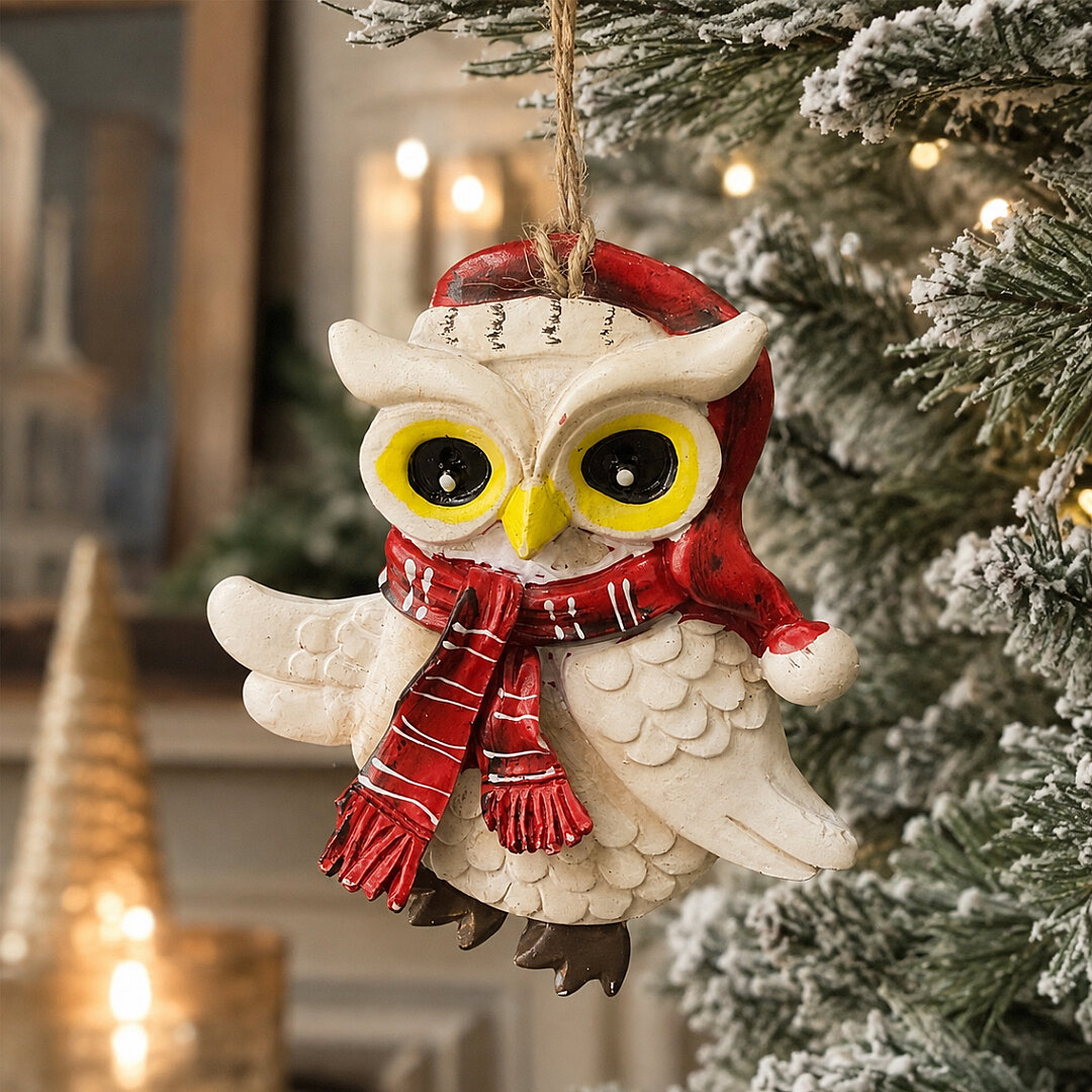 Beysüs Yılbaşı Çam Ağacı Süsü Noel Şapkalı Baykuş Figürü – Açık Kanatlı - Beysüs