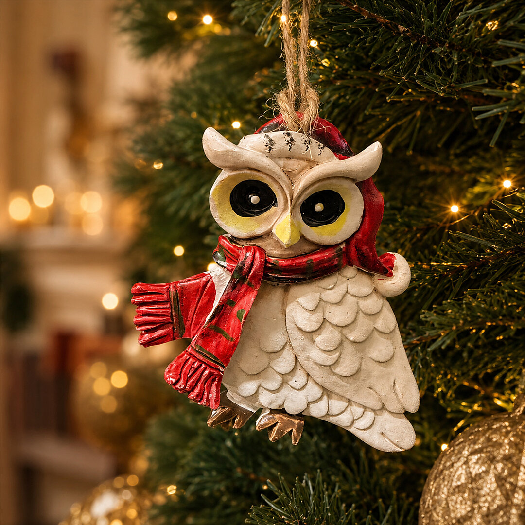 Beysüs Yılbaşı Çam Ağacı Süsü Noel Şapkalı Baykuş Figürü – Kırmızı Desenli Atkılı - Beysüs
