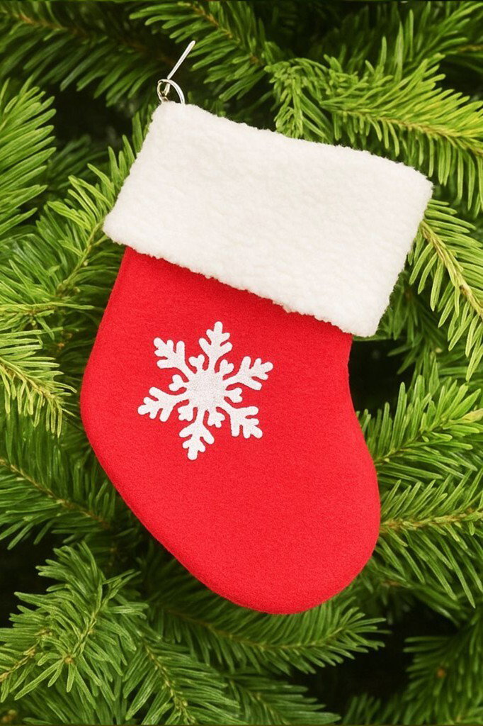 Yılbaşı Çam Ağacı Süsü Kar Taneli Kırmızı Çorap 18 cm - 6