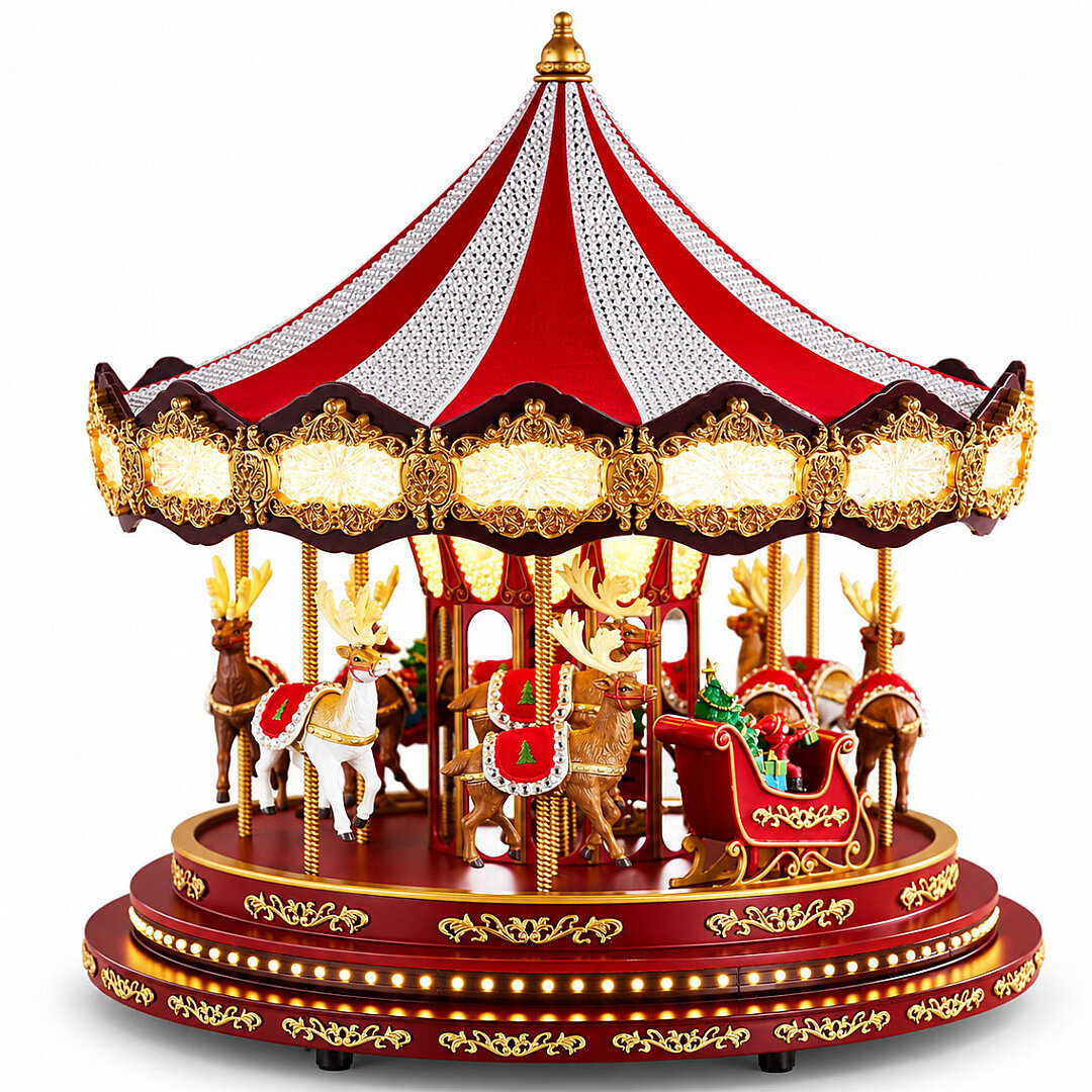 Yılbaşı Dekor Lüks Carousel Kırmızı Kadife ve Kristal İşlemeli - Beysüs