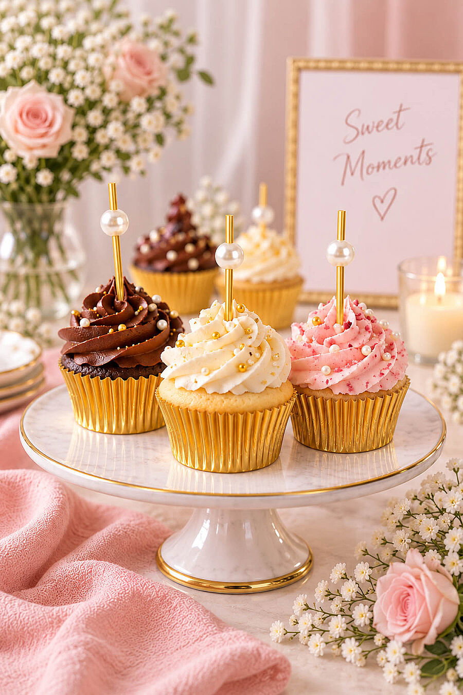 Boncuklu Bambu Pasta ve Cupcake Süsleme Çubuğu Beyaz - 2
