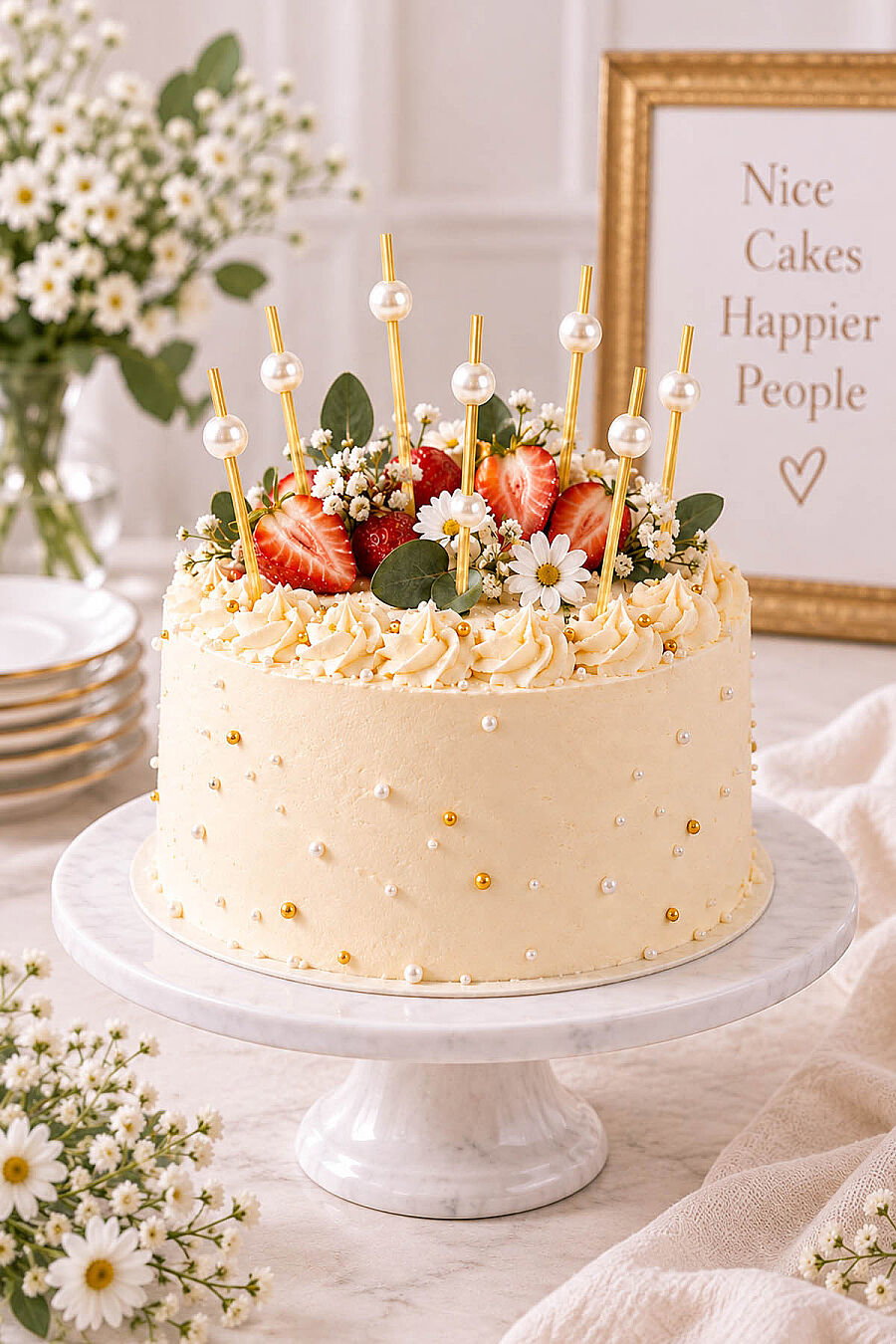 Boncuklu Bambu Pasta ve Cupcake Süsleme Çubuğu Beyaz - 3
