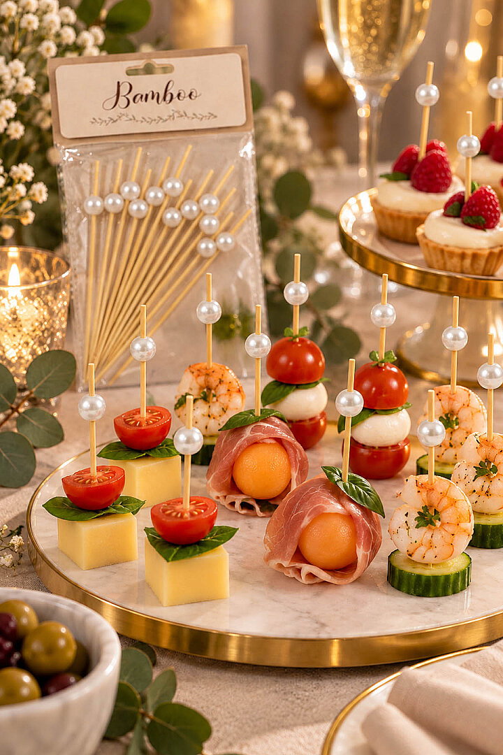 Boncuklu Bambu Pasta ve Cupcake Süsleme Çubuğu Beyaz - 4