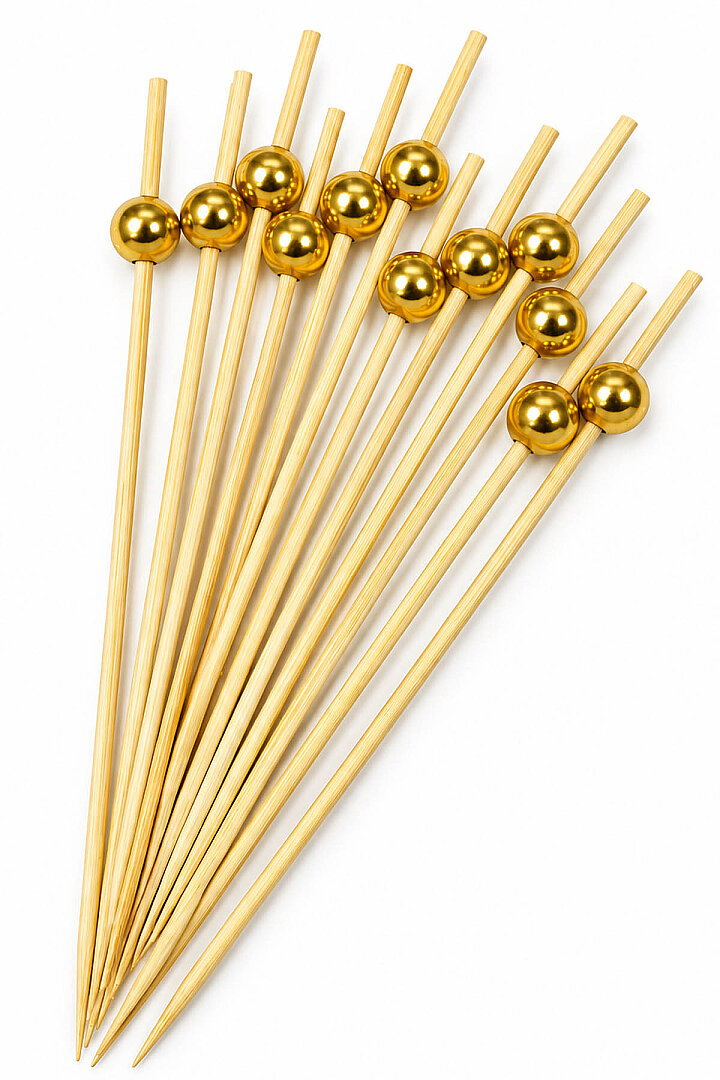 Boncuklu Bambu Pasta ve Cupcake Süsleme Çubuğu Gold - Beysüs