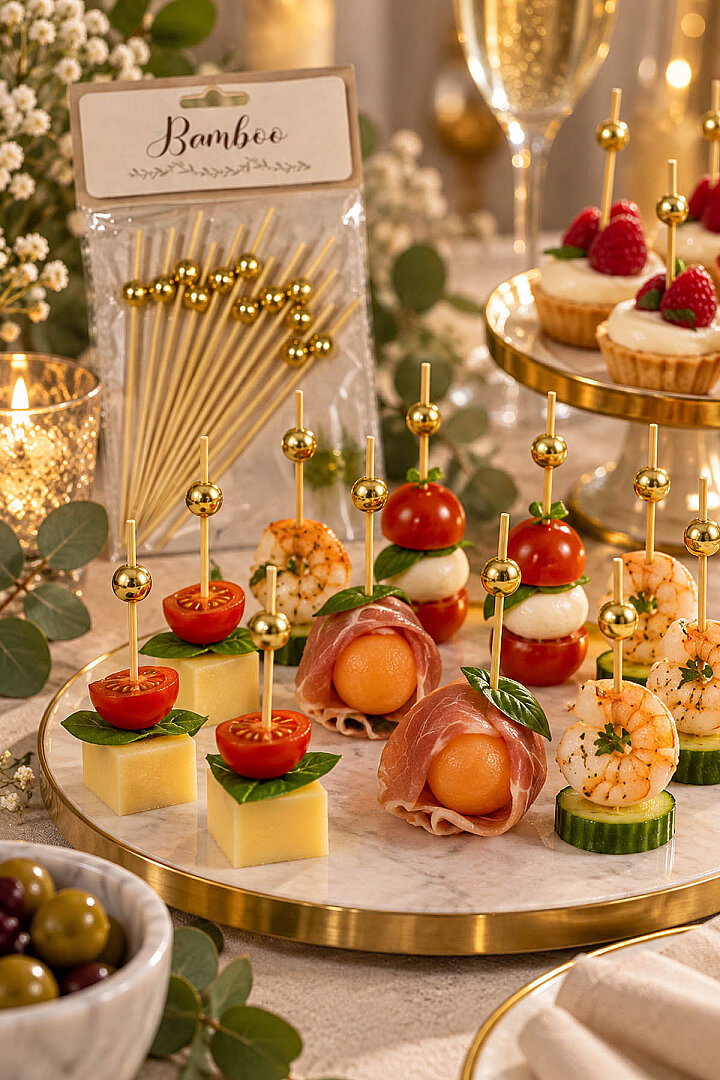 Boncuklu Bambu Pasta ve Cupcake Süsleme Çubuğu Gold - 3