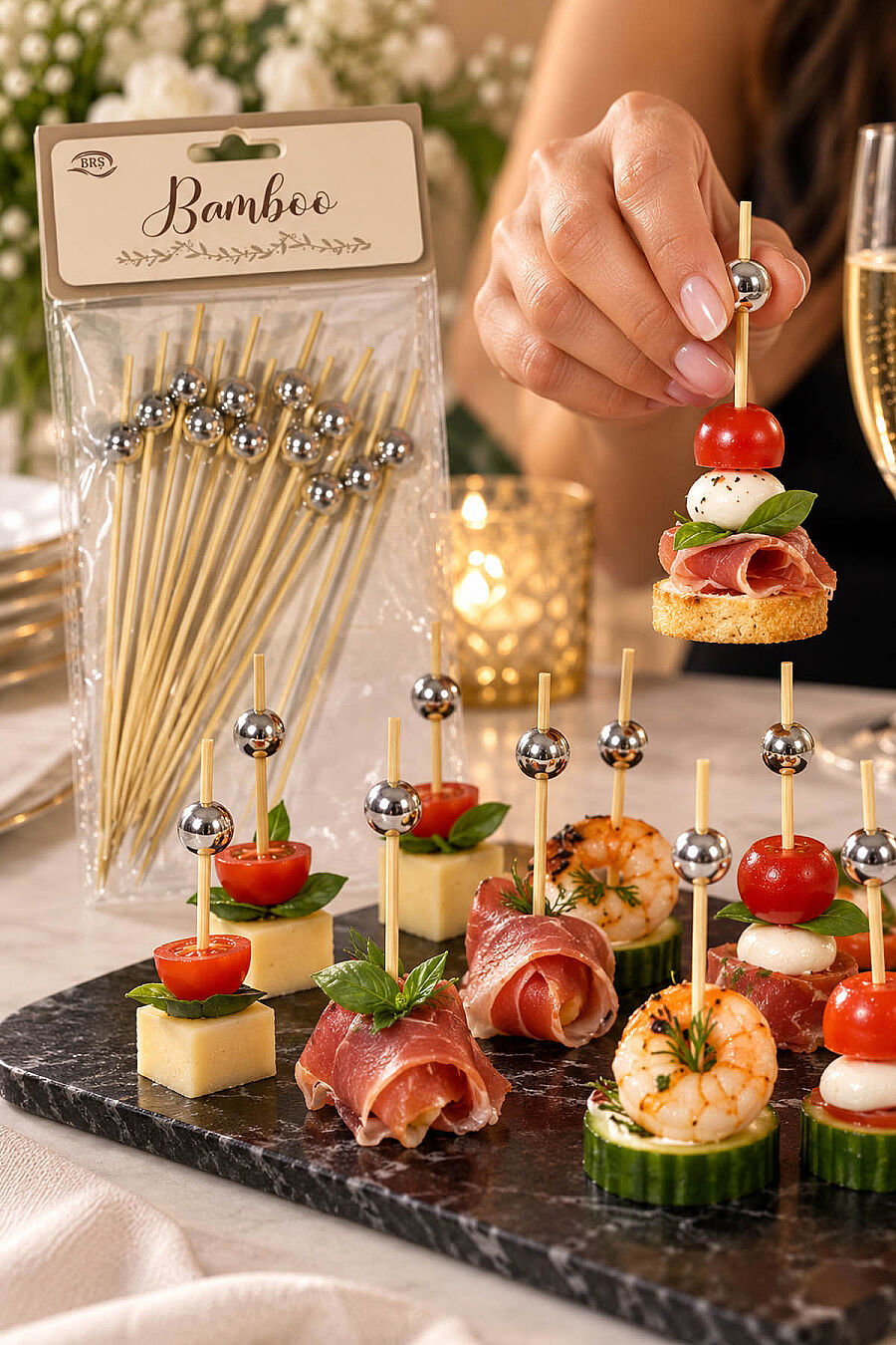 Boncuklu Bambu Pasta ve Cupcake Süsleme Çubuğu Gümüş - 3