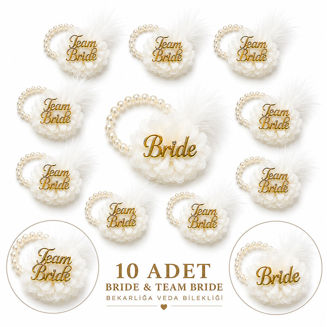 Bride Tüylü İncili Beyaz Bileklik - 1