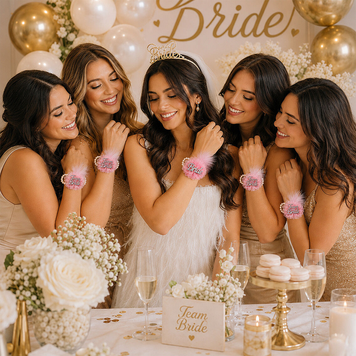 Bride Tüylü İncili Pudra Bileklik - 2