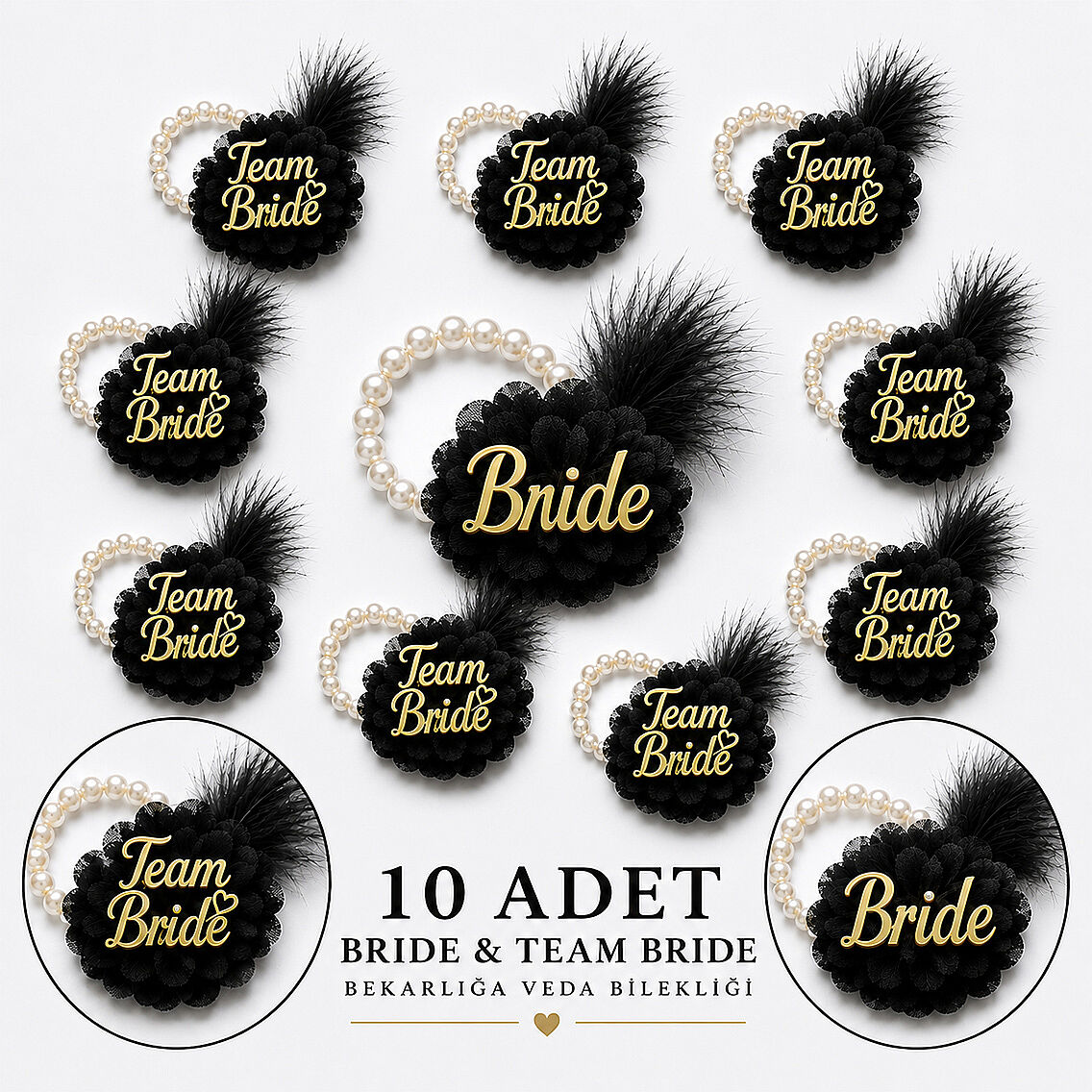 Bride Tüylü İncili Siyah Bileklik - 1