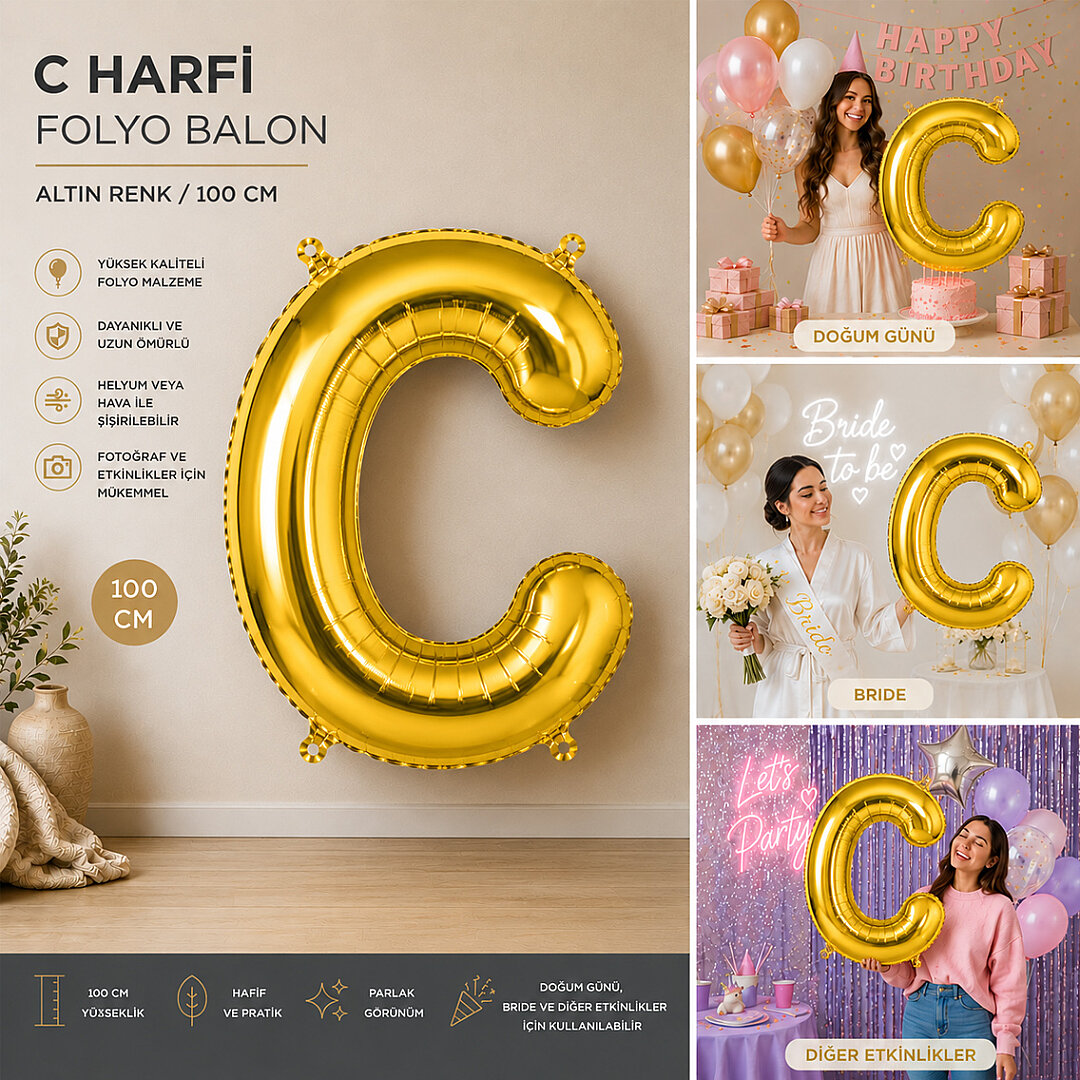 C Harfi Folyo Balon Altın Rengi (100 cm) - 2