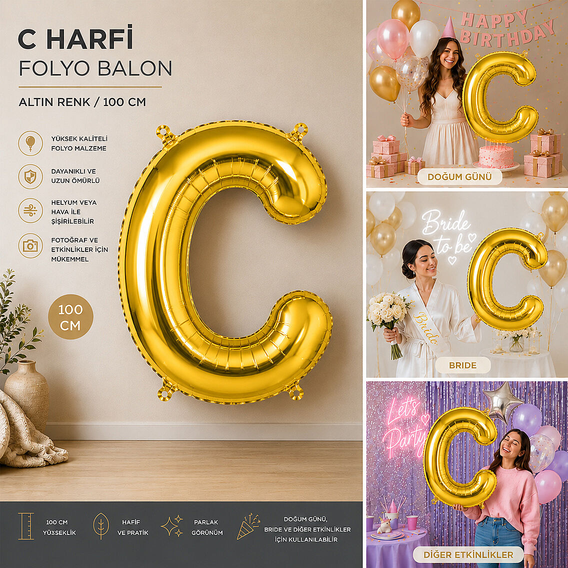 C Harfi Folyo Balon Altın Rengi (100 cm) - 2