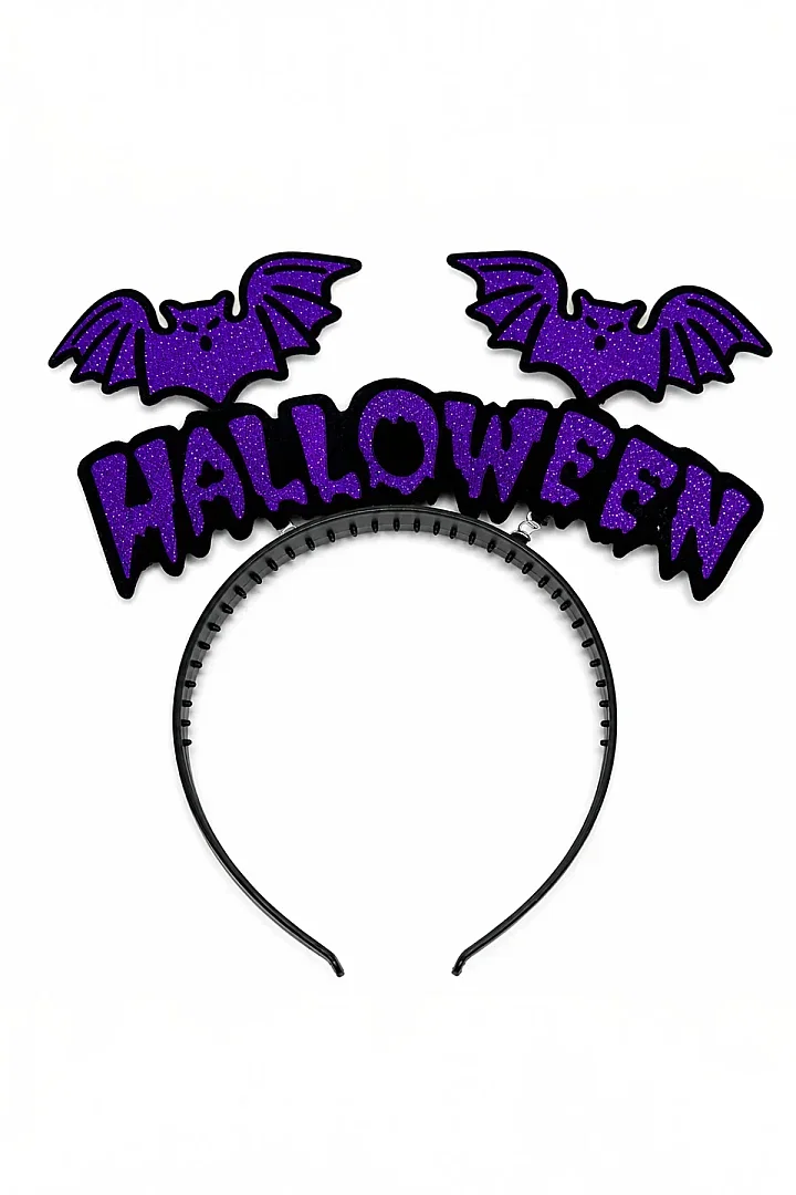 Cadılar Bayramı Halloween Yazılı Yarasalı Sallanan Taç Mor - Beysüs