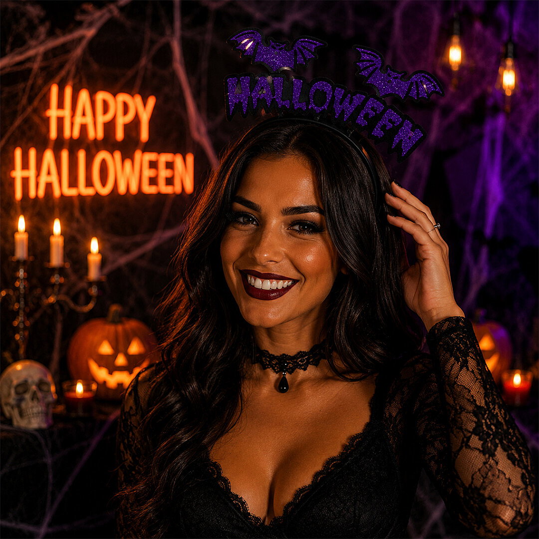 Cadılar Bayramı Halloween Yazılı Yarasalı Sallanan Taç Mor - 2