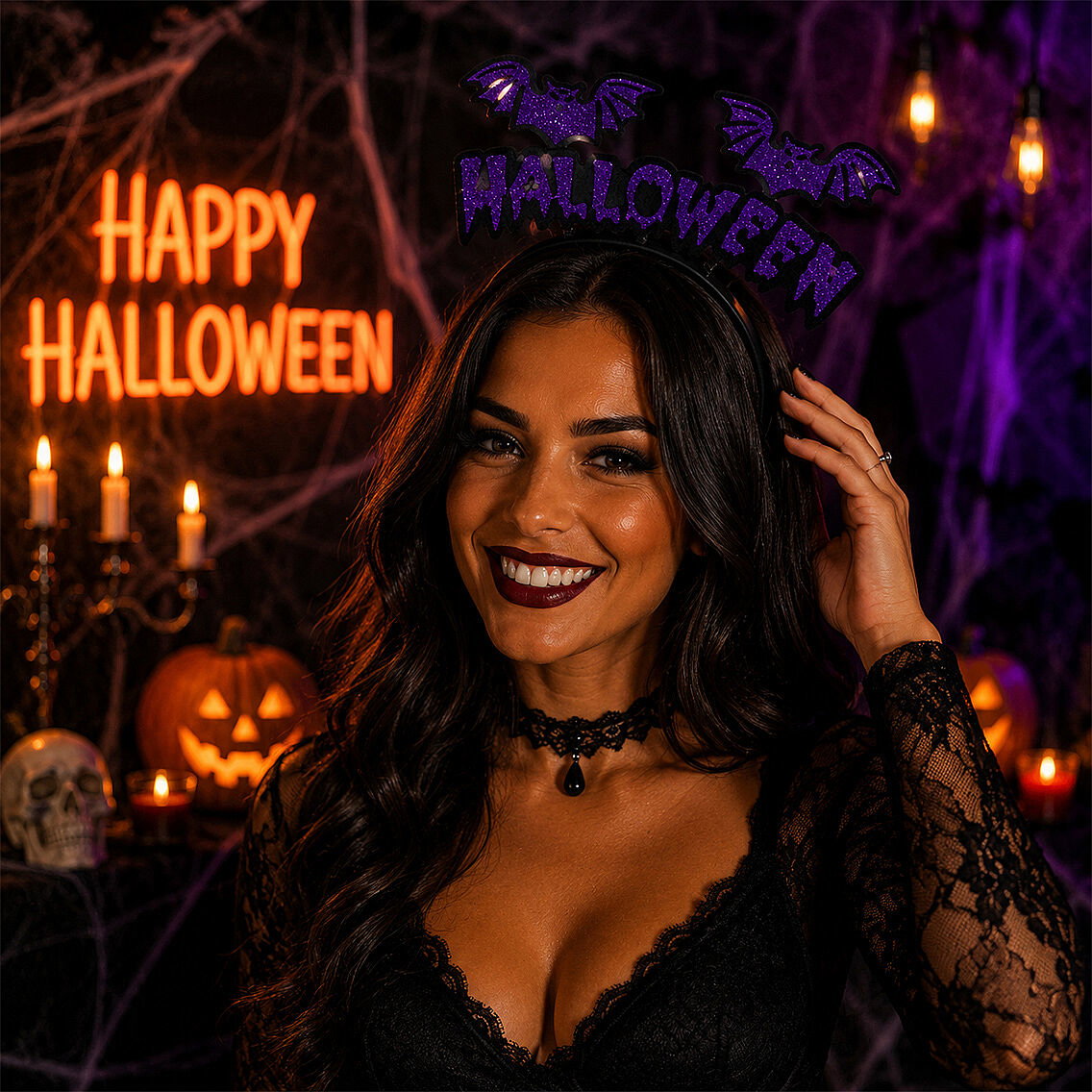 Cadılar Bayramı Halloween Yazılı Yarasalı Sallanan Taç Mor - 2