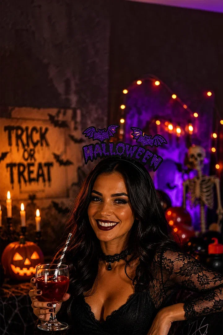 Cadılar Bayramı Halloween Yazılı Yarasalı Sallanan Taç Mor - 2