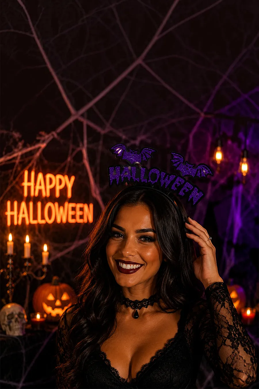 Cadılar Bayramı Halloween Yazılı Yarasalı Sallanan Taç Mor - 3