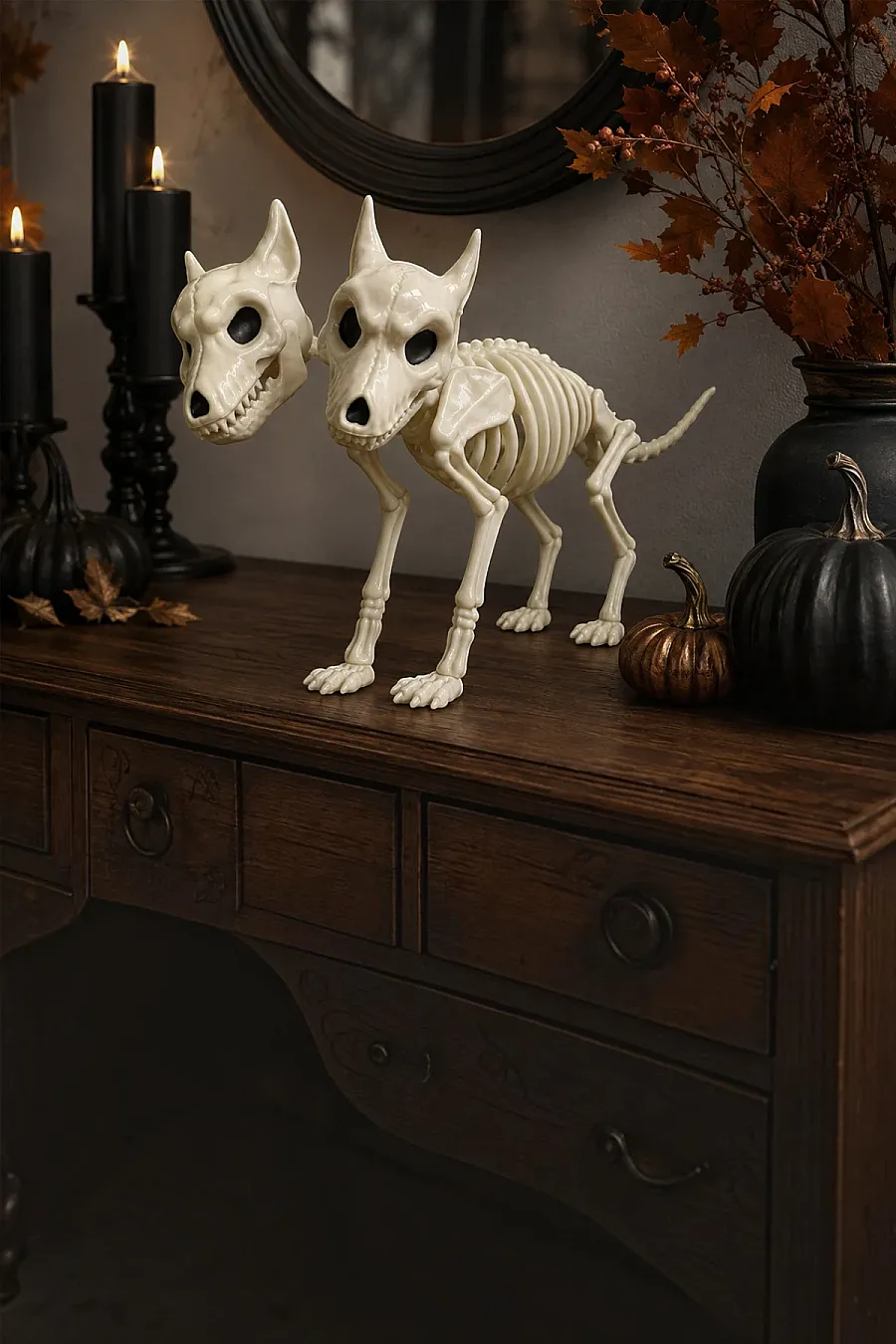 Cadılar Bayramı Korku Temalı Çift Başlı İskelet Köpek Figürü 43cm - 4