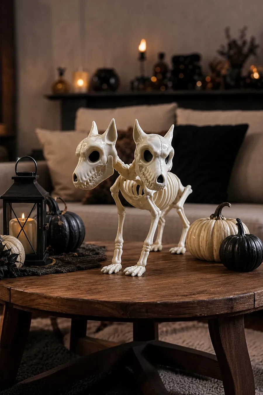 Cadılar Bayramı Korku Temalı Çift Başlı İskelet Köpek Figürü 43cm - 2