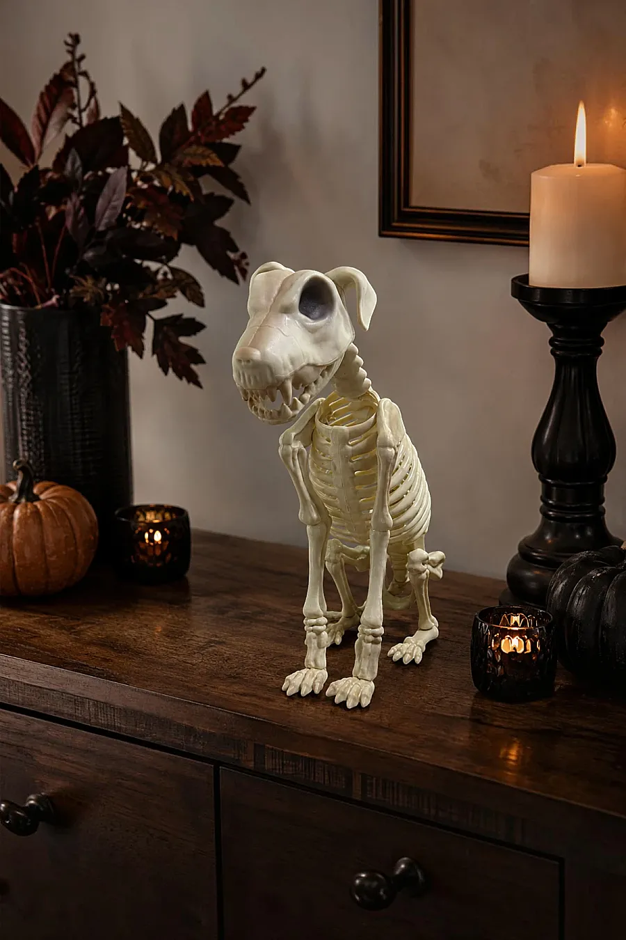 Cadılar Bayramı Korku Temalı Oturan İskelet Köpek Figürü 38cm - 3