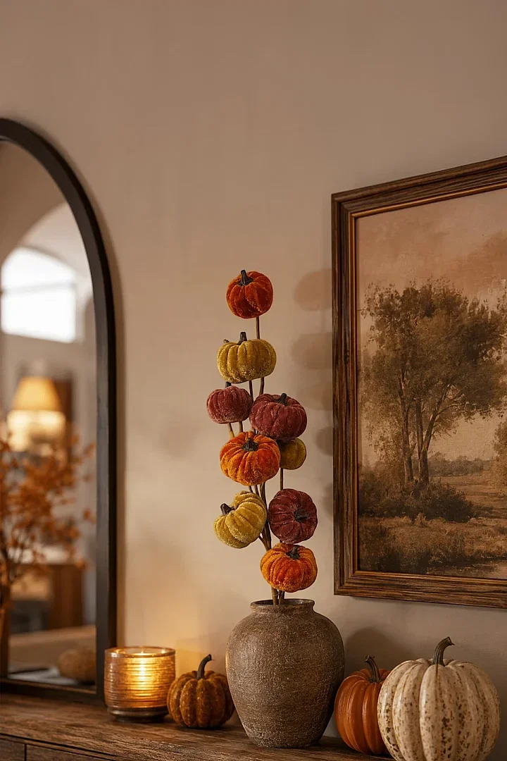 Cadılar Bayramı Renkli Kadife Bal Kabağı Dalı 57cm - Beysüs