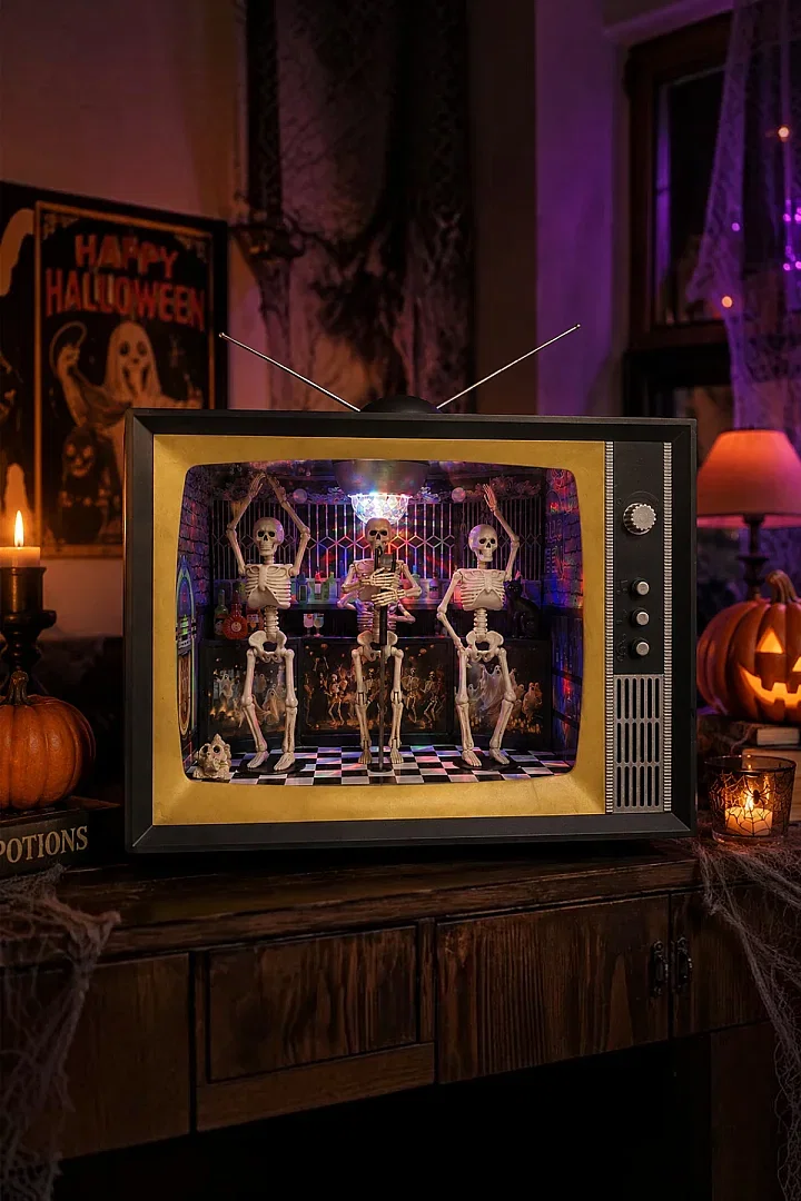 Cadılar Bayramı Retro TV Tasarımlı Işıklı ve Sesli İskelet Müzik Grubu - Beysüs