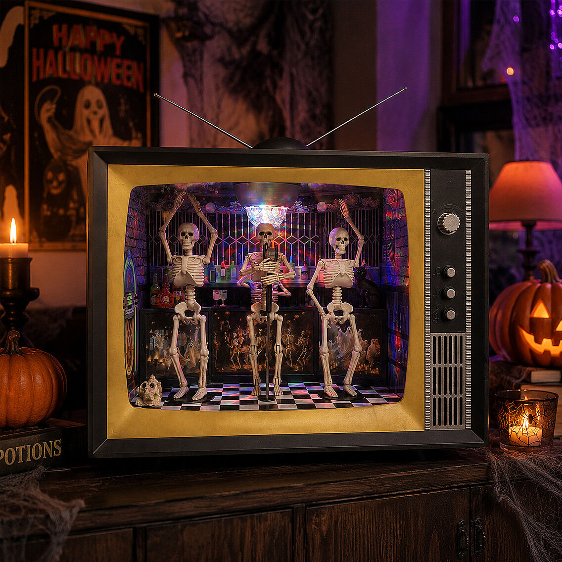Cadılar Bayramı Retro TV Tasarımlı Işıklı ve Sesli İskelet Müzik Grubu - 1