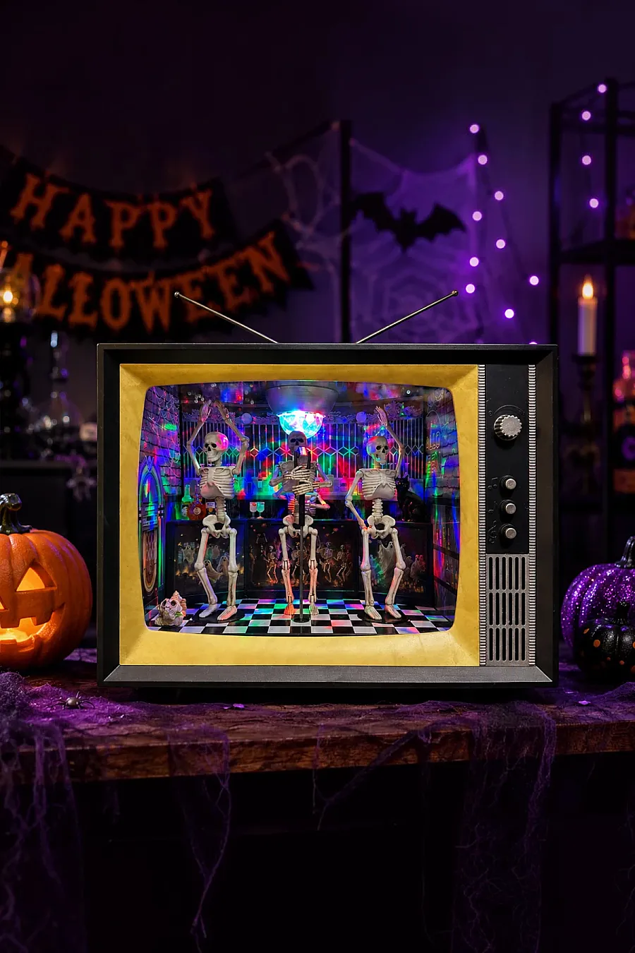Cadılar Bayramı Retro TV Tasarımlı Işıklı ve Sesli İskelet Müzik Grubu - 2
