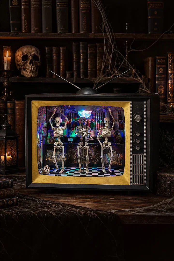 Cadılar Bayramı Retro TV Tasarımlı Işıklı ve Sesli İskelet Müzik Grubu - 3
